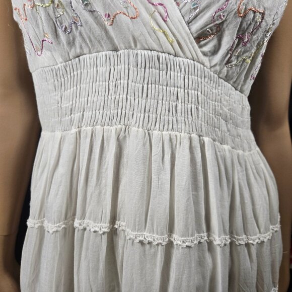 Y2k White Cotton Midi peasant dress Size XL Embroidered Crochet Lace Fairy Boho - Picture 4 of 13